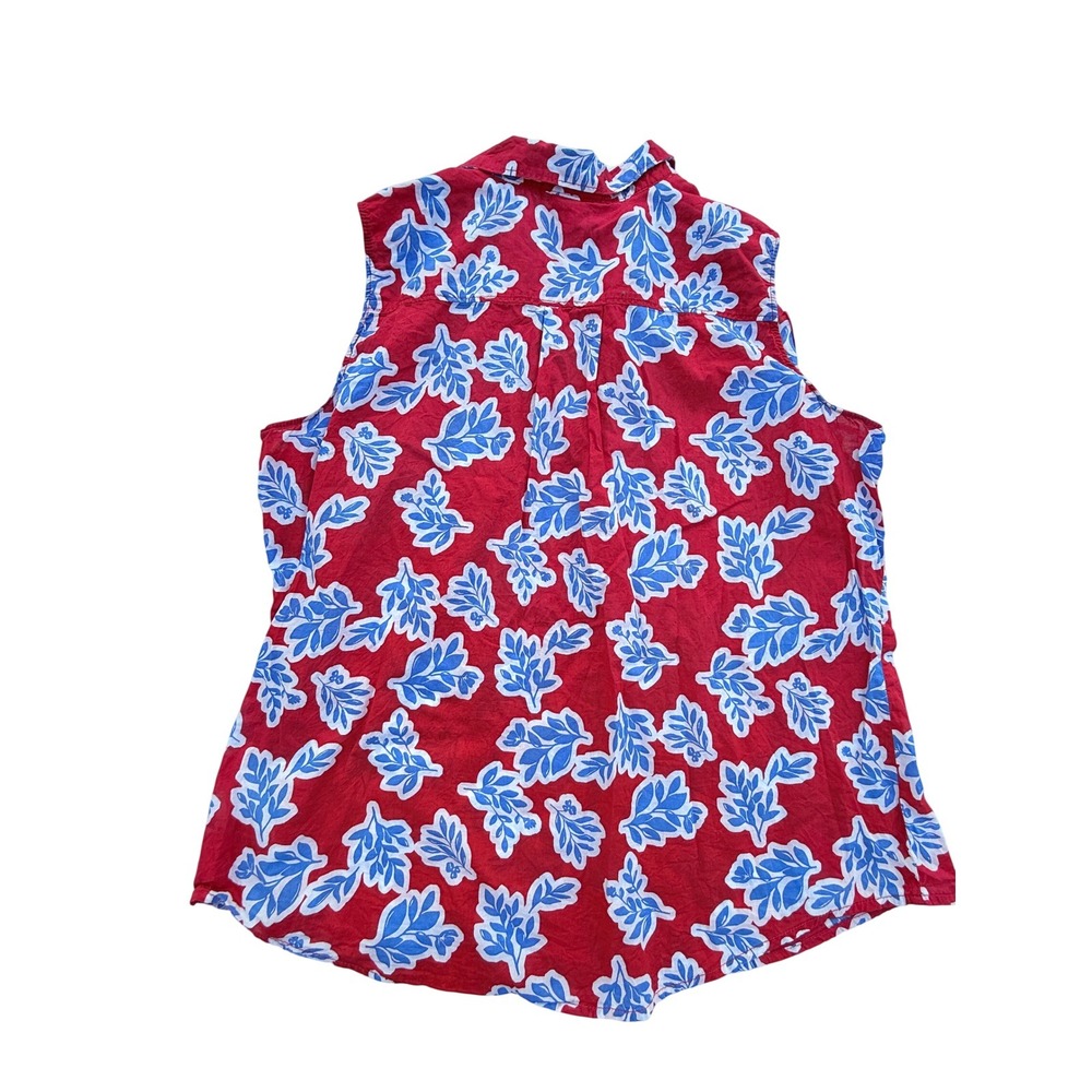 STJB Womens Red Blue Floral Leaf Sleeveless Button-Down Cotton Shirt 4th of July